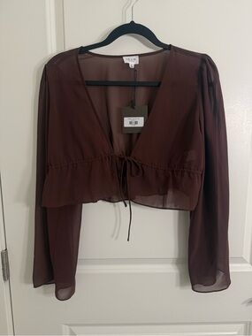 Le Lis Brown Sheer Tie-Front Cropped Blouse